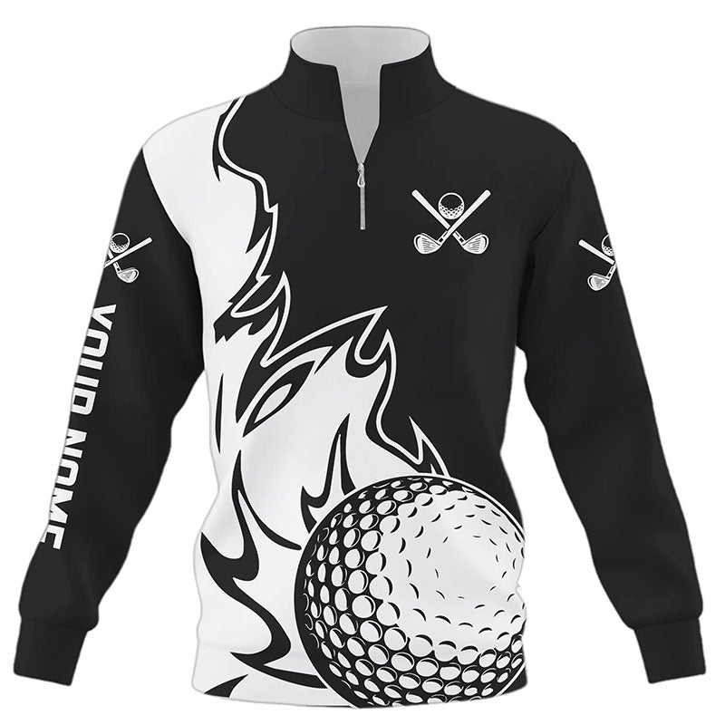 Black & White Flame Golf ball Fire Quarter zip golf sweatshirt custom golf sweater outfit golf gifts NQS8481