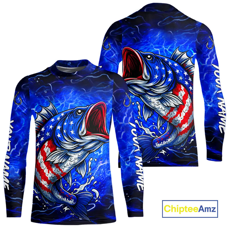 American Flag Largemouth Bass Fishing Custom patriotic Bass performance fishing apparel | Blue NQS11060