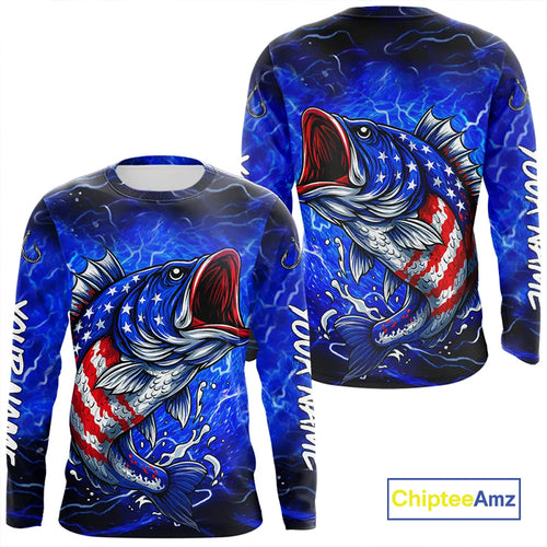American Flag Largemouth Bass Fishing Custom patriotic Bass performance fishing apparel | Blue NQS11060