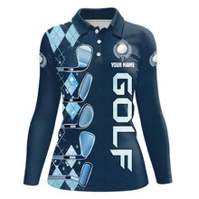 Load image into Gallery viewer, Blue argyle pattern Golf clubs Womens Golf Polo Shirts custom ladies golf tops, cool golf gifts NQS9184