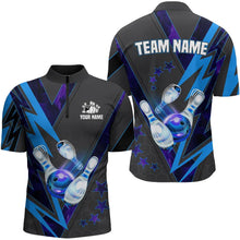 Load image into Gallery viewer, Black and Blue Lightning Bowling Polo, Quarter Zip Shirt for Men Custom Team Bowling Jerseys NQS9189