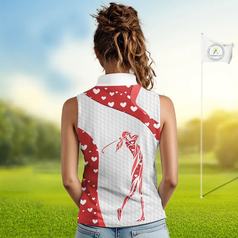 Personalized Red Hearts pattern golf white Sleeveless Golf Polo Shirt custom Valentine golf gifts NQS11259