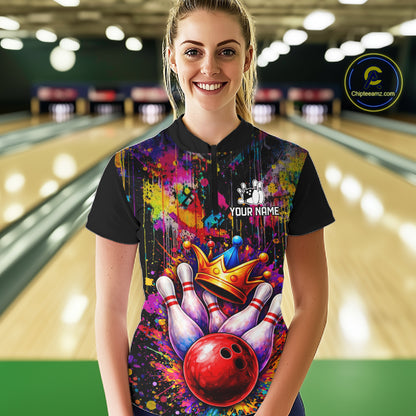 Colorful bowling jerseys Bowling Polo, 1/4 Zip Shirt for Women Custom Bowling Team shirts for bowlers NQS11473