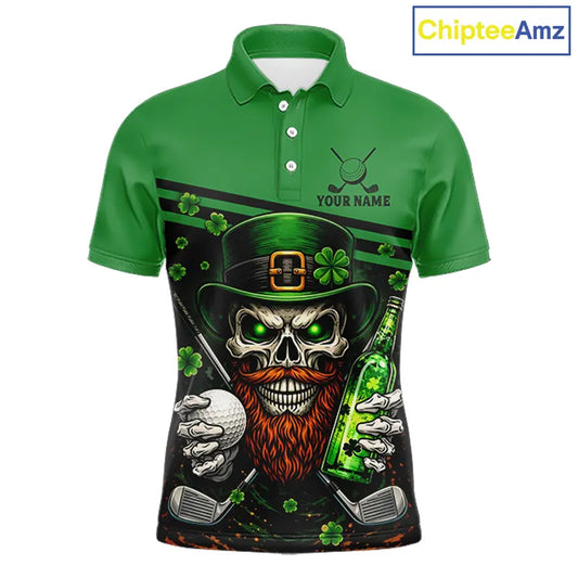 Green St Patrick Skull Golf and Beer Polo Golf shirts for Men Custom Team Mens Golf attire NQS11475