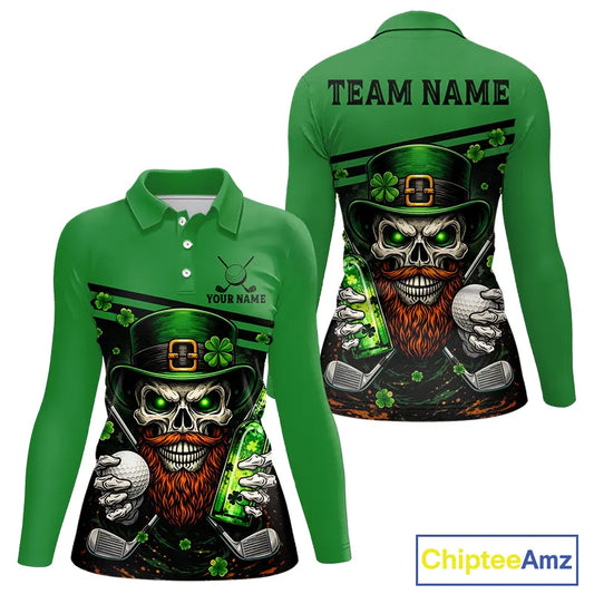 Green St Patrick Skull Golf and Beer Polo Golf shirts for Women Custom Team Ladies Golf attire NQS11475