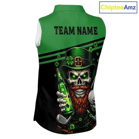 Green St Patrick Skull Golf and Beer Sleeveless Golf shirts for Women Custom Team Ladies Golf attire NQS11475