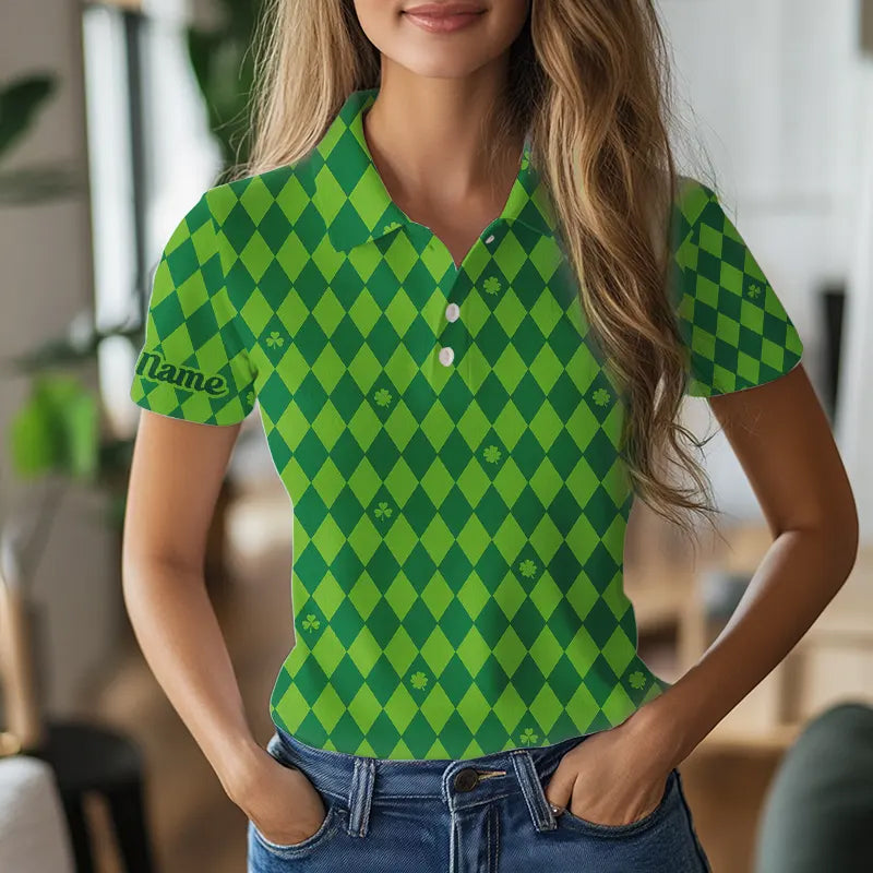 Personalized Green argyle pattern Women golf polo shirts Custom St Patrick day golf tops for women NQS9545