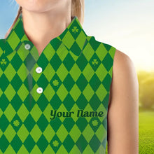 Load image into Gallery viewer, Personalized Green argyle pattern Women sleeveless polo shirt Custom St Patrick day golf top for women NQS9545