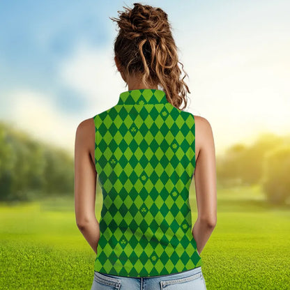 Personalized Green argyle pattern Women sleeveless polo shirt Custom St Patrick day golf top for women NQS9545