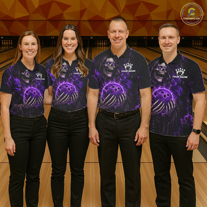 Personalized Skull Bowling Shirt For Women Custom Team's Name Black and Purple Flame Bowler Jerseys NQS11659