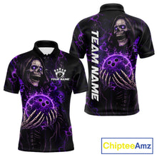 Load image into Gallery viewer, Personalized Skull Bowling Shirt For Men Custom Team's Name Black and Purple Flame Bowler Jerseys NQS11659