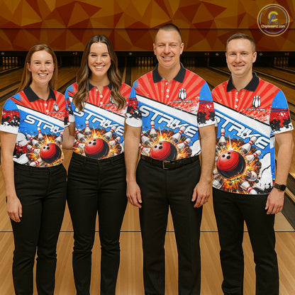 Funny Bowling Boom Strike Bowling Shirt For Men Custom Red, White and Blue retro Team Bowling Jerseys NQS11661