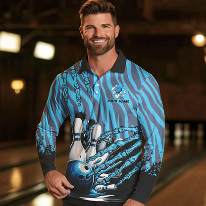 Funny Claw Blue Camo Men's bowling outfits custom bowling polo, Quarter Zip Shirts team jerseys NQS9704