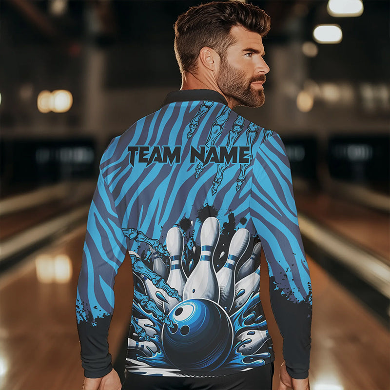 Funny Claw Blue Camo Men's bowling outfits custom bowling polo, Quarter Zip Shirts team jerseys NQS9704