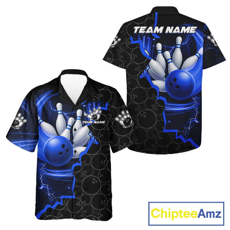 Black and Blue Camo Bowling Hawaiian Shirt Custom Bowling Team Jersey, Bowler Outfit NQS11750