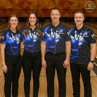 Black and Blue Camo Bowling Polo, 1/4 Zip Shirts For Men Custom Bowling Team Jersey, Bowler Outfit NQS11750