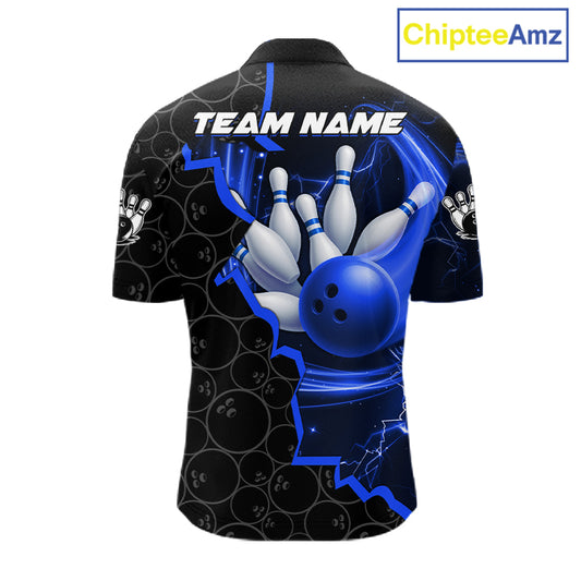 Black and Blue Camo Bowling Polo, 1/4 Zip Shirts For Men Custom Bowling Team Jersey, Bowler Outfit NQS11750