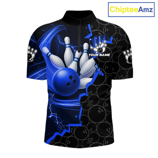 Black and Blue Camo Bowling Polo, 1/4 Zip Shirts For Men Custom Bowling Team Jersey, Bowler Outfit NQS11750