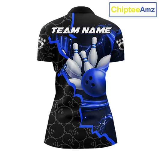 Black and Blue Camo Bowling Polo, 1/4 Zip Shirts For Women Custom Bowling Team Jersey, Bowler Outfit NQS11750