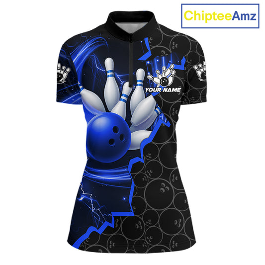 Black and Blue Camo Bowling Polo, 1/4 Zip Shirts For Women Custom Bowling Team Jersey, Bowler Outfit NQS11750