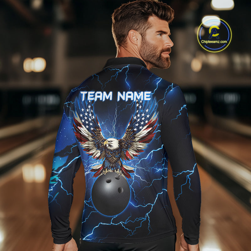 Blue lightning thunder bowling American flag Eagle custom Men Bowling Polo Shirts, team bowler jerseys NQS7489