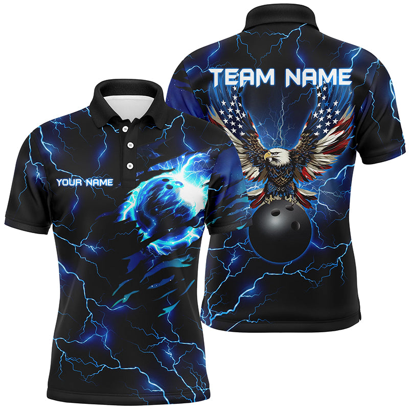 Blue lightning thunder bowling American flag Eagle custom Men Bowling Polo Shirts, team bowler jerseys NQS7489