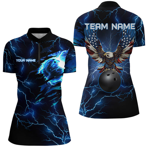 Blue lightning thunder bowling American flag Eagle custom Women Quarter Zip Shirt, team bowler jerseys NQS7489