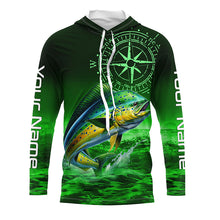 Load image into Gallery viewer, Personalized Mahi mahi Green Long Sleeve Performance Fishing Shirts, Dorado compass tournament Shirts NQS5951