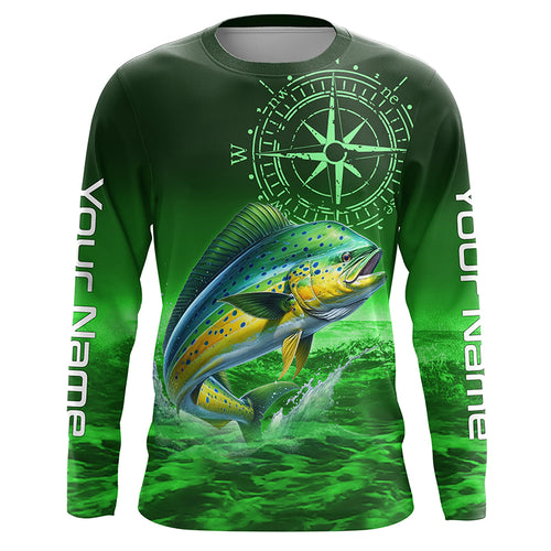 Personalized Mahi mahi Green Long Sleeve Performance Fishing Shirts, Dorado compass tournament Shirts NQS5951