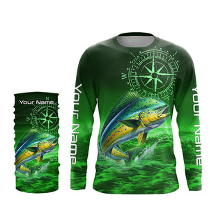 Personalized Mahi mahi Green Long Sleeve Performance Fishing Shirts, Dorado compass tournament Shirts NQS5951