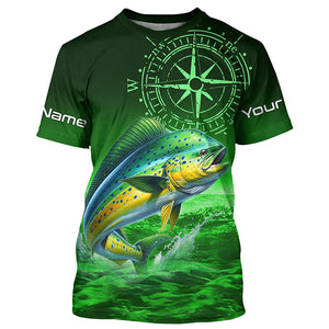 Personalized Mahi mahi Green Long Sleeve Performance Fishing Shirts, Dorado compass tournament Shirts NQS5951