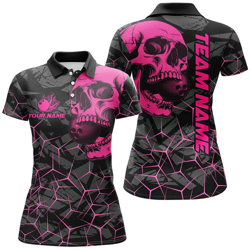 Black Skull camo bowling shirt for women custom bowling team jerseys, gifts for bowlers | Pink NQS8277