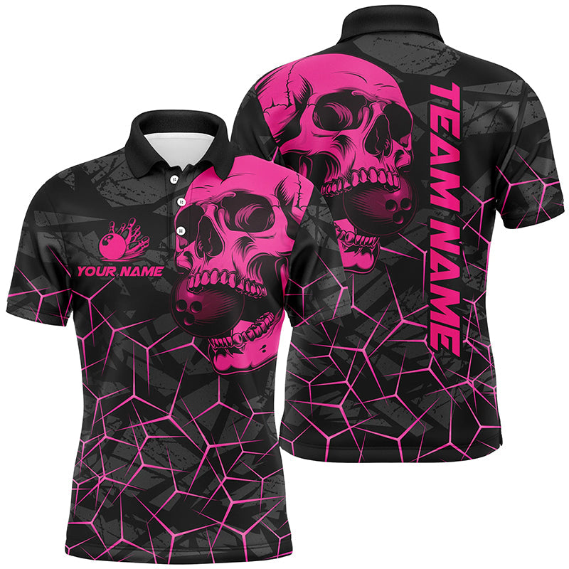 Black Skull camo bowling shirt for men custom bowling team jerseys, gifts for bowlers | Pink NQS8277