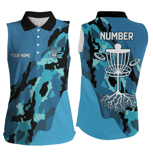 Blue Camo Women Sleeveless polo shirt custom name & number disc golf team jerseys, disc golf shirts NQS8491