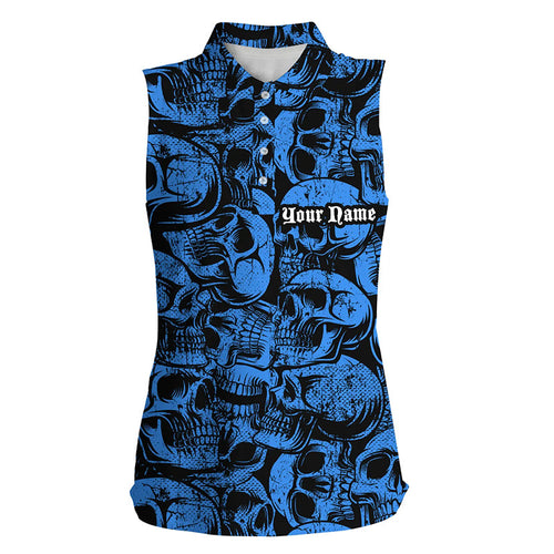 Blue skull camo pattern Women sleeveless polo Shirt custom cool golf shirts for ladies, best golf gift NQS8958