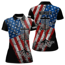 Load image into Gallery viewer, Vintage American Flag Women Disc golf polo shirts custom name and number patriotic disc golf apparel NQS9200