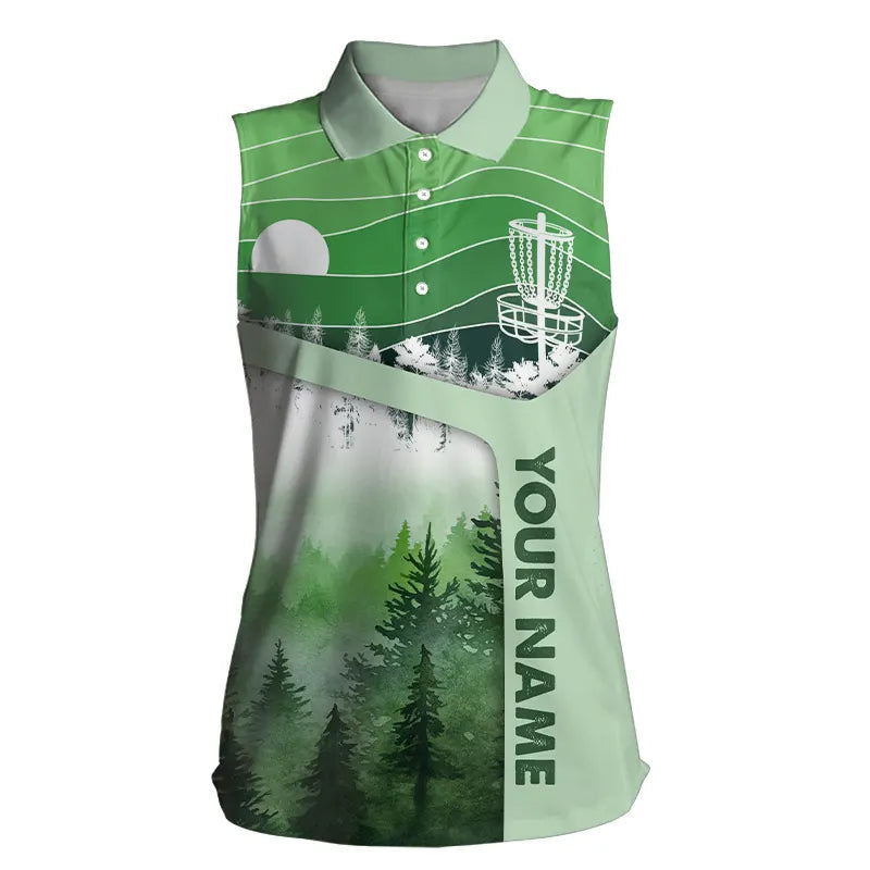 Mint Green Forest Retro Womens Disc golf sleeveless polo shirt custom disc golf apparel NQS9198