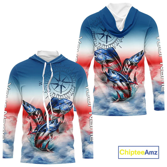 Red, white & blue Mahi Mahi, Wahoo, Tuna Compass Offshore Fishing Custom patriotic Performance Shirt NQS11276