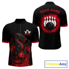 Load image into Gallery viewer, Black and Red Flame Dragon Bowling Polo, 1/4 zip shirts for Men Custom Dragon team bowling jerseys NQS11482