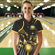 Load image into Gallery viewer, Funny Black and Gold Womens Bowling Polo, 1/4 Zip Shirts Custom Bowling outfit women Team Jerseys NQS9712
