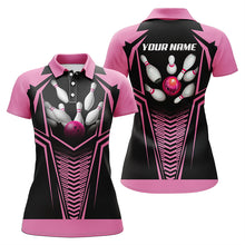 Load image into Gallery viewer, Custom Flame Bowling Ball &amp; Pins polos Shirts For Women, Personalized Bowling Team Jerseys | Pink NQS5495
