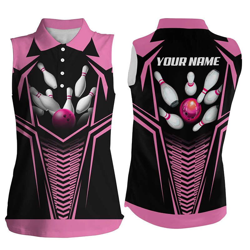 Flame Bowling Ball & Pins sleeveless polo Shirt For Women, Personalized Bowling Team Jerseys | Pink NQS5495