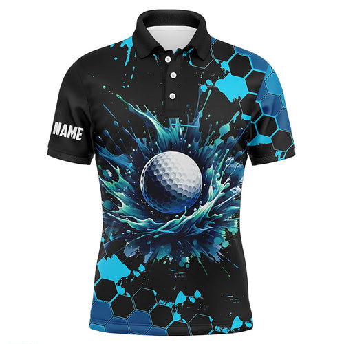 Mens golf polo shirts custom black and blue watercolor golf tops for men, gift for golf lovers NQS8070