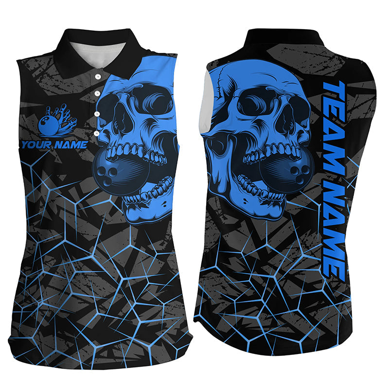 Black Skull camo bowling Sleeveless Polo shirts custom bowling team jerseys | Blue NQS8073