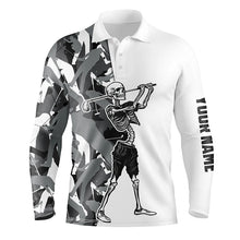 Load image into Gallery viewer, Funny Skull Golf polo shirts gray golf camo pattern custom name Skull playing golf apparel NQS3937