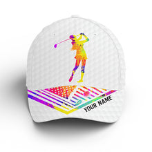 Load image into Gallery viewer, White golf hat for women custom name watercolor American flag baseball golf cap NQS3938