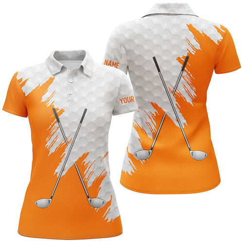White golf ball pattern custom name golf clubs Womens golf polo shirts, team ladies golf tops | Orange NQS8497
