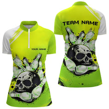 Load image into Gallery viewer, Green Skull Bowling Ball and Pins Bowling Polo, Quarter Zip Shirt for Women Custom Team Bowling Jersey NQS9211