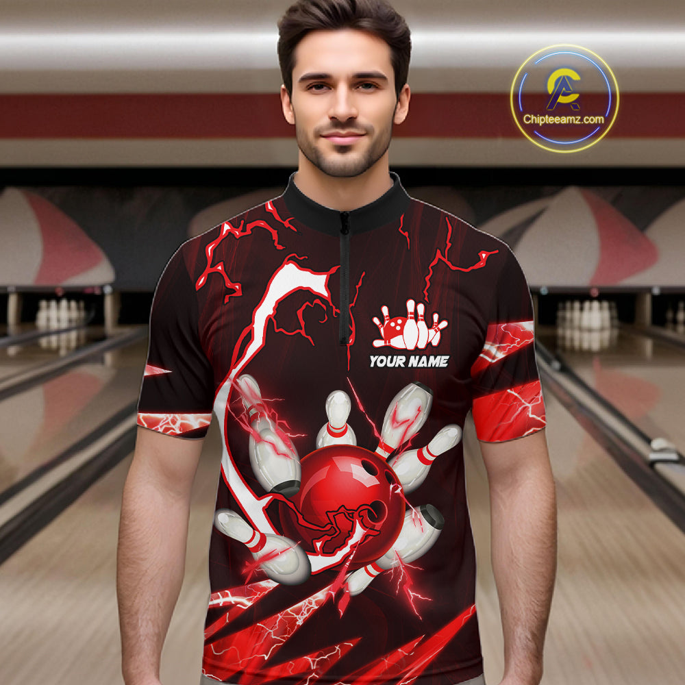 Red Thunder Lightning bowling ball and pins jerseys Custom Team Bowling Polo, 1/4 Zip Shirts For Men NQS11281