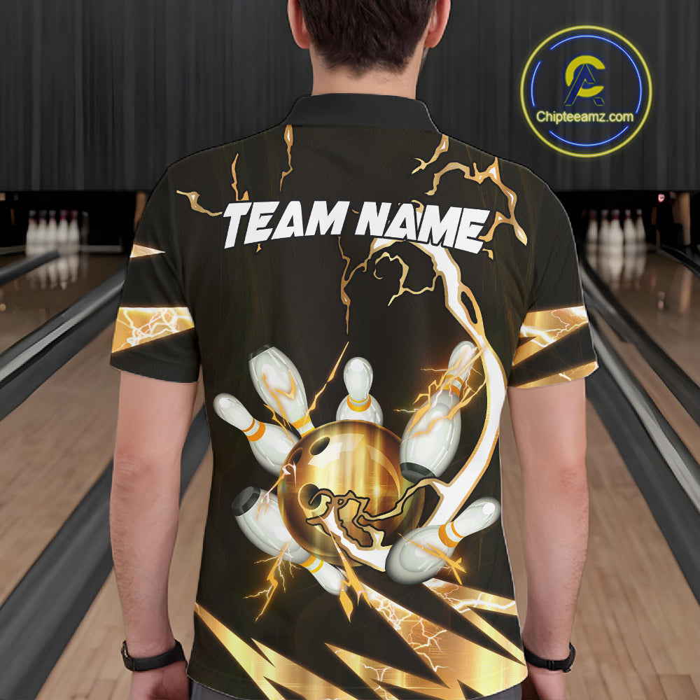 Gold Thunder Lightning bowling ball and pins jerseys Custom Team Bowling Polo, 1/4 Zip Shirts For Men NQS11282